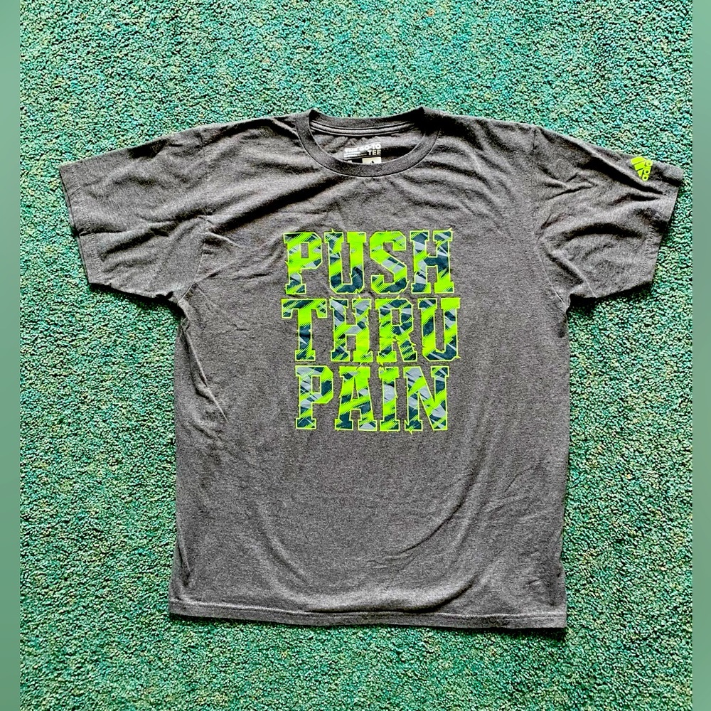 Adidas THE GO-TO TEE, t shirt Men's size Large, “PUSH THRU PAIN" graphic printed